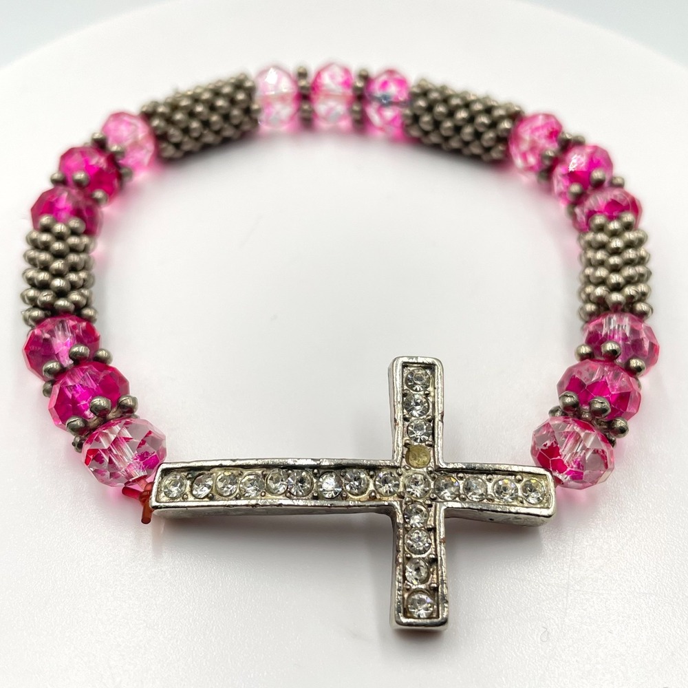Vintage Y2K Pink Crystal Beaded Sideways Cross Stretch Bracelet Rhinestone Boho